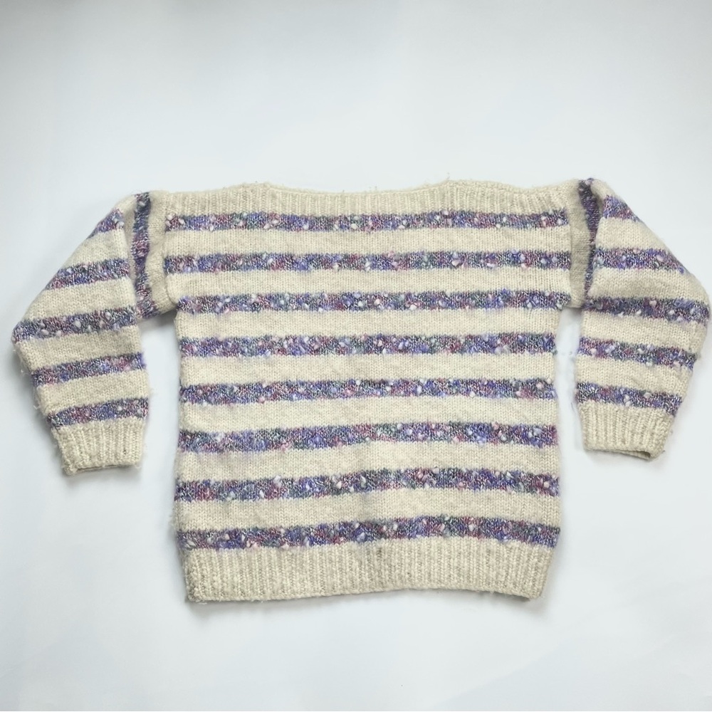 Handmade Sweater Chunky Striped Women Cream‎ Purple Cozy Fairycore Autumn Unique